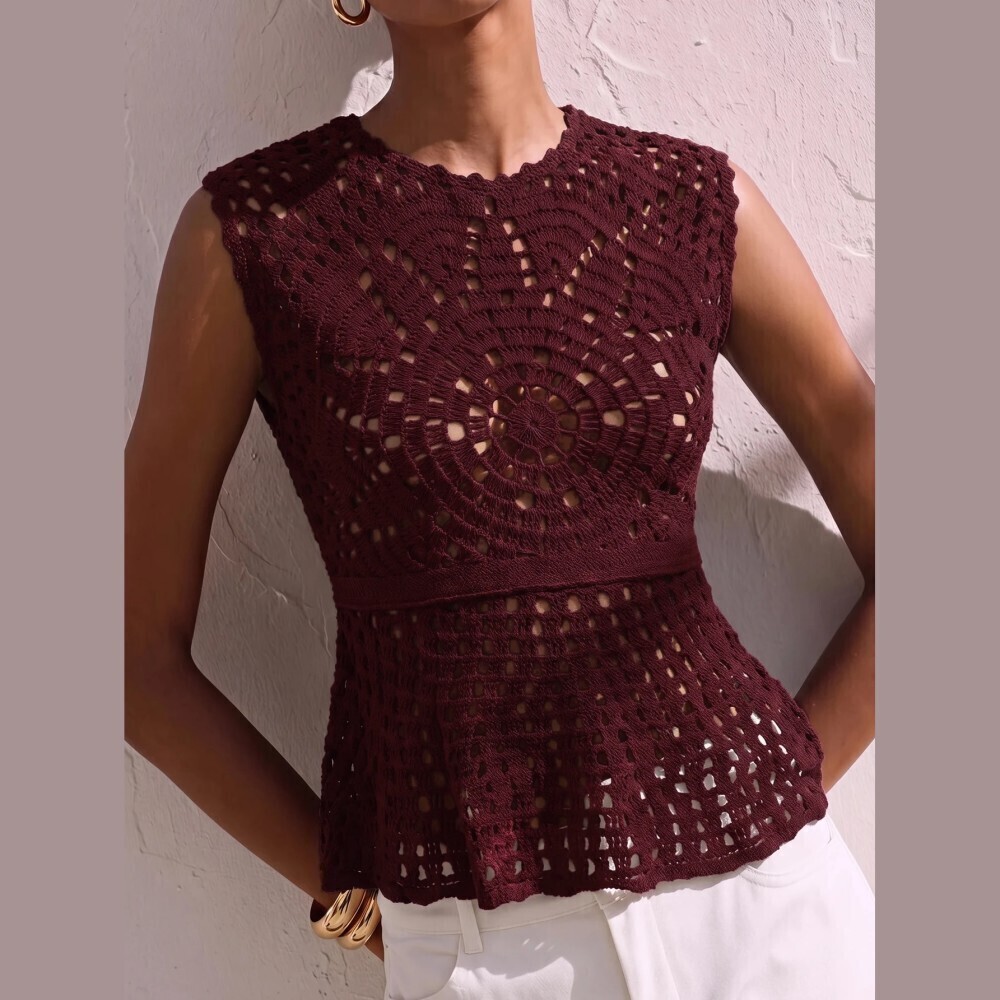 Burgundy Crochet Knit Sleeveless Peplum Tank Top with Round Neck